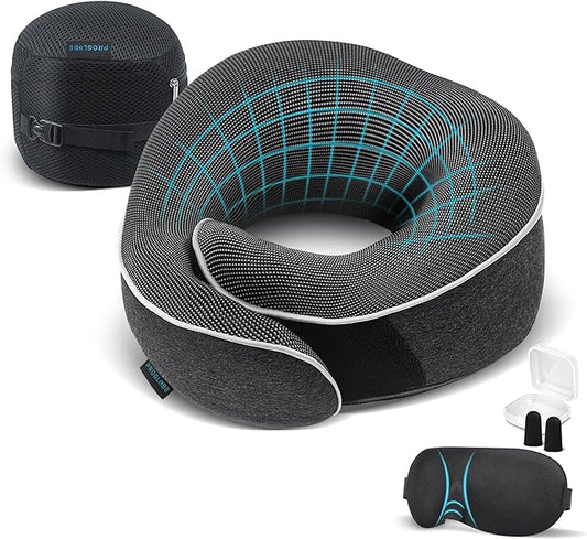 Travel Pillow 100% Pure Memory Foam Neck Pillow, Pillows for Sleeping, Car and Airplane Travel Essentials, Travel Kit with 3D Contoured Eye Masks, Earplugs and Luxury Mesh Bag (Dark Grey)