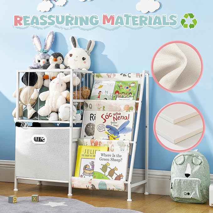 Kids Bookshelf and Toy Storage Organizer, 3 Tier Bookcase Book Shelf Stuffed Animal Storage with Toy Bins for Toddler Kids Rooms, Bedroom, Playroom, Nursery, Montessori Baby Toddler
