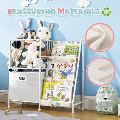 Kids Bookshelf and Toy Storage Organizer, 3 Tier Bookcase Book Shelf Stuffed Animal Storage with Toy Bins for Toddler Kids Rooms, Bedroom, Playroom, Nursery, Montessori Baby Toddler