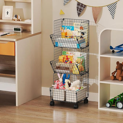 Sonyabecca Toy Organizer Basket Shelf with Wheel, S-Hooks, Rolling Cart Hanging Storage Baskets for Child Room, Playroom, Bedroom, Kitchen (Black)