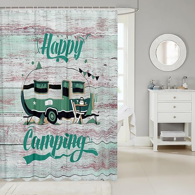Feelyou Camper Shower Curtain Camping Bathroom Shower Curtain Set Happy Camping Bath Curtain for Kids Boys Girls Cartoon Camping Kids Bathroom Accessories 72"x84"