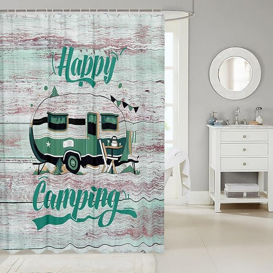 Feelyou Camper Shower Curtain Camping Bathroom Shower Curtain Set Happy Camping Bath Curtain for Kids Boys Girls Cartoon Camping Kids Bathroom Accessories 72"x84"