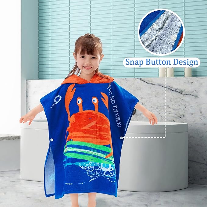 VOOVA & MOVAS Kids Towel Poncho with Hood (2-6Years) Cotton Poncho for Toddlers, Perfect for Swim | Surf | Shower | Birthday Gifts, Cape Crab Theme