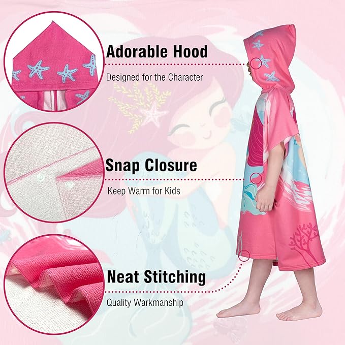 Hooded Kids Beach Towels - Toddler Bath Towel Girls Boys Swim Cover-ups for Ages 4 to 10 Kids Pool Towels Quick Dry Lightweight Soft Microfiber Poncho 30x30 with Bag (Mermaid Smile)