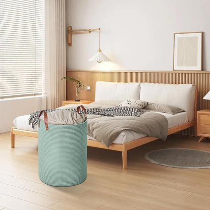 80L Large Rope Basket, Woven Rope Storage Basket with Leather Handles, Dog Toy Storage Basket, Bedroom, Nursery Blanket Storage, Bathroom Laundry Basket, 16“x20” Tall Rope Basket (Green)