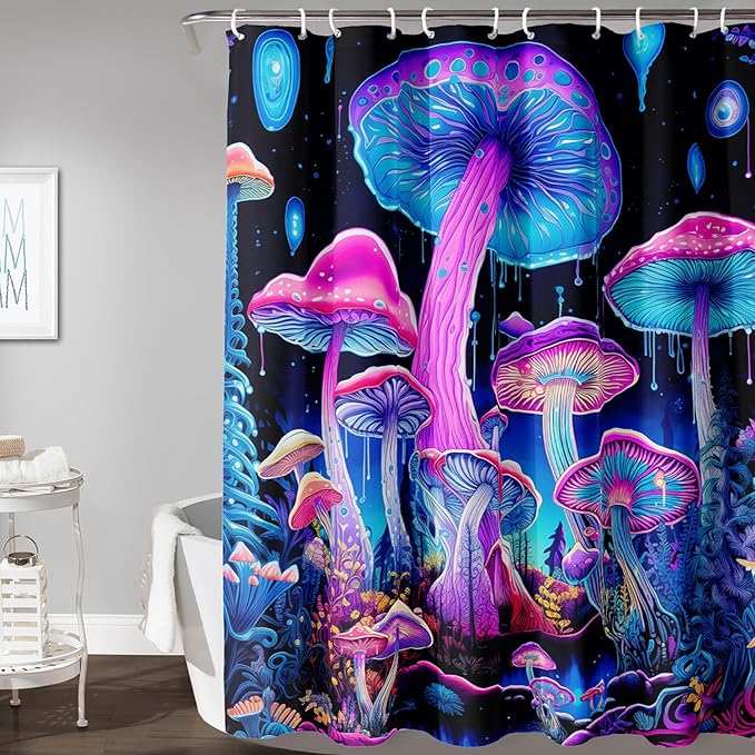 AILONEN Mushroom Shower Curtain for Bathroom, 3D Oil Painting Mushroom Bath Curtain,Blue Purple Fairy Fantasy Fungus Botanical Decoration Waterproof Curtain with 12 Plastic Hooks, 72" W*78" H