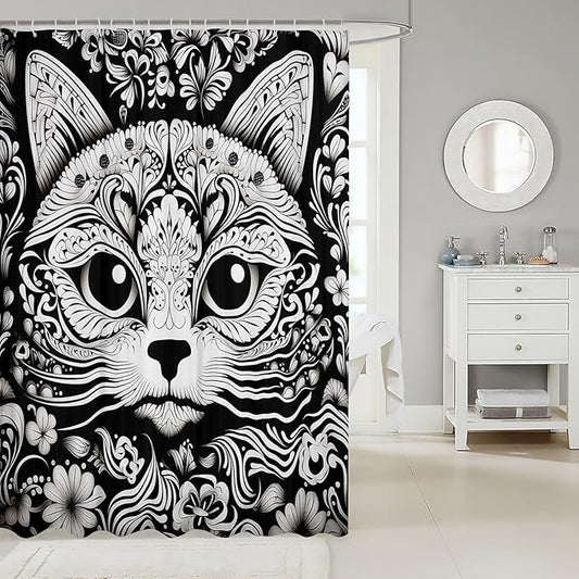Feelyou Cute Cat Shower Curtain Damask Cat Fabric Shower Curtain for Kids Boys Girls Black White Cat Bathroom Waterproof Accessories with 12 Hooks Cartoon Cat Curtains,72x84 Inches