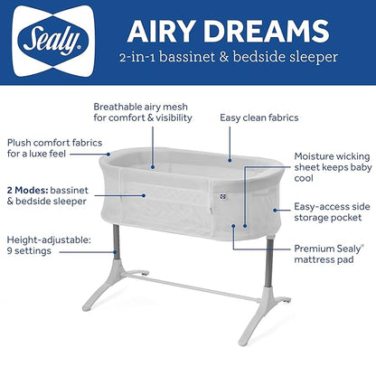 Sealy Baby Airy Dreams Breathable 2-in-1 Baby Bassinet & Bedside Sleeper, Bedside Bassinet for Baby, Height Adjustable, Stand-Alone or Bedside Sleeper, Drop-Down Panel for Easy Access