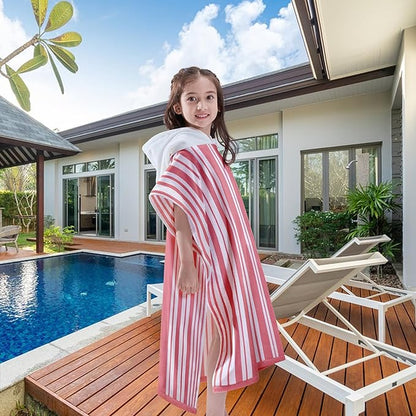 VOOVA & MOVAS Big Girl | Teens Towels with Hood (8-16Years), Large Thick and Absorbent Cotton Hooded Pool Towel Robe- Versatile for Pool, Swim, and Bath, Pink and White Cabana Striped