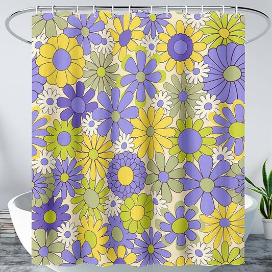 AILONEN Flower Shower Curtain for Bathroom,Polyester Fabric Waterproof,Purple Yellow Plants Flowers Bath Curtains Washable, 72" W x 84" H