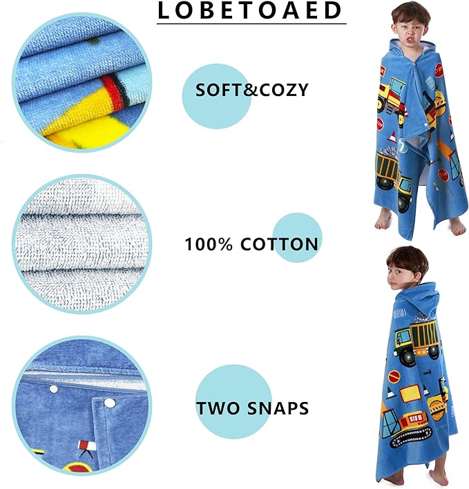Kids Hooded Beach Bath Towel, Baby Surf Poncho Toddlers Soft Real Cotton Wrap Hooded Towels for Kids Boy Girl