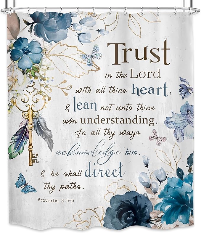 MESHELLY Teal Floral Christian Shower Curtain 72Wx72H Rustic Blue Flower Bathroom Curtain Bible Verse Inspirational Quote Bath Curtain Cloth Fabric Scriptures Bathroom Accessories Decor with 12 Hooks