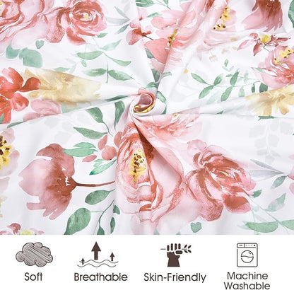 PHF Soft Floral Crib Sheet Fitted, 2 Pack Silky Comfy Breathable Baby Sheets for Girls, 28x52x9in Fits Standard Crib and Toddler Mattresses, Watercolor Floral