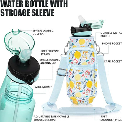 Fimibuke 32 oz Water Bottle with Sleeve - BPA Free Leakproof Sport Large 1L Plastic Motivational Water Bottle with Straw Strap & Insulated Neoprene Holder Carrier Bag Great Xmas Gift for Women Men