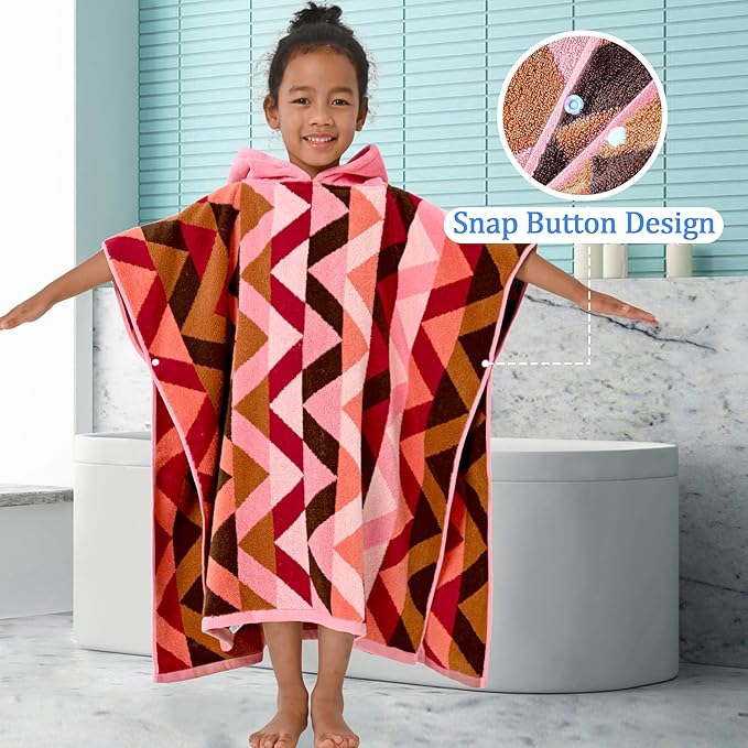 VOOVA & MOVAS Kids Towels Poncho with Hood (4-8Years) - Thick 500GSM,Soft, Absorbent, 100% Cotton Swim Towel, Perfect for Bathroom | Pool | Swim, Jacquard,Red