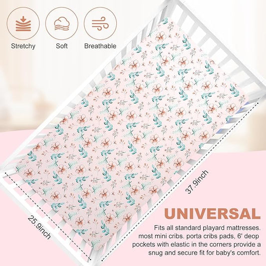 Pack n Play Fitted Sheet. 2 Piece Mini Crib Sheet. Elastic Playard Sheet. Portable Sheet Set. Elastic Convertible Playard Set. Compatible with Graco Pack n Play (Pink Flower)