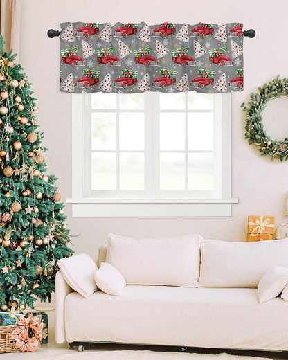 Red Truck Christmas Valance Curtains for Kitchen Windows Merry Christmas Tree Rod Pocket Window Treatment Toppers for Kitchen/Living Room/Bedroom/Bathroom, 60" X 18", Winter Snowflake Grey