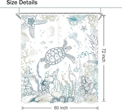 Nautical Coastal Sea Turtle Shower Curtain Ocean Beach Starfish Seashell Coral Underwater Animal Octopus Sealife Summer 60Wx72L Inch Bathroom Set Bath Curtain Bathtub Accessories Home Decor