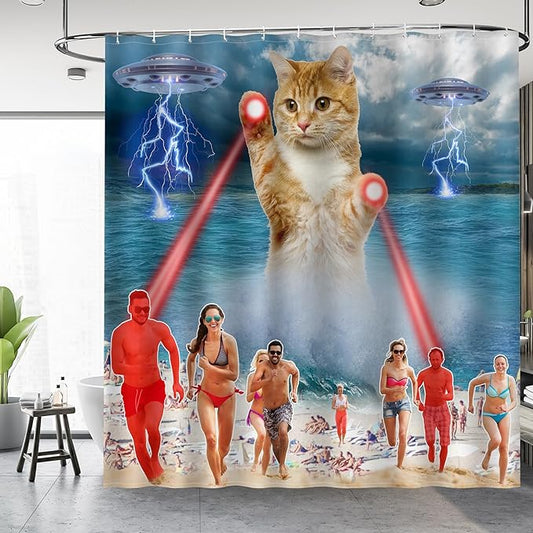 Funny Cat Shower Curtains for Bathroom - Cute Cool Ocean Cat with Weird Adults Beach UFO Fun Bath Shower Curtain Set with 12 Hooks for Adults Kids Bathroom Decor Accessories, 72"x72"