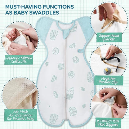 Swaddle, Organic 100% Air mesh, Aqua Shells, Large, 6-12 Months,19-26 lbs, Transition Baby Sleep Sack