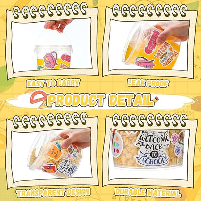 PerKoop 20 Pcs 32 oz Ice Cream Buckets with Lids and Handles Cocktail Rum Buckets for Drinks with 180 Back to School Stickers Clear Plastic Bucket Reusable Food Storage Containers for Parties