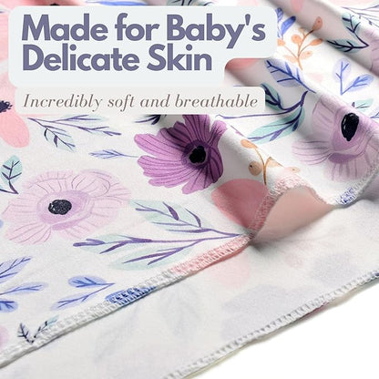 Newborn Baby Girl Receiving Blanket Swaddle Blanket Stretchy Knit Swaddle Set with Matching Headband Beanie with a Name Card (Pink and Purple Floral)