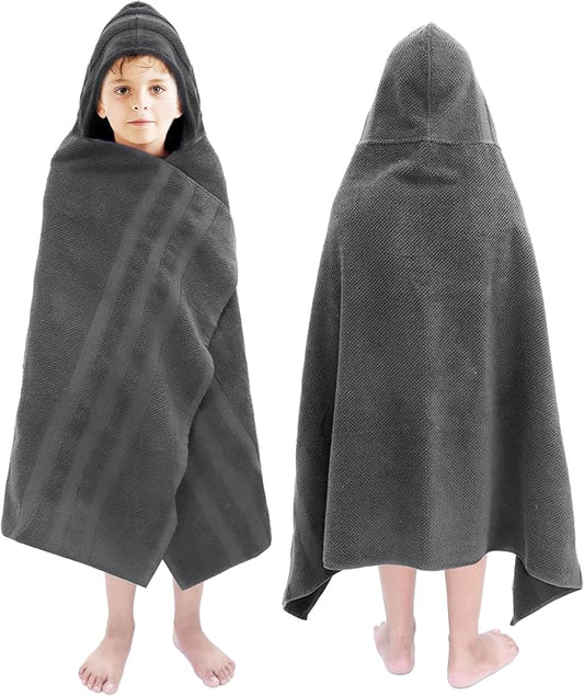 Hooded Bath Towel Wrap - 100% Cotton Popcorn Large Oversized Hooded Kids Towel - Toddler Shower Pool Beach Towel - 600 GSM - Soft Absorbent Quick Dry Easy Care Gift - 30x52 inches - Grey