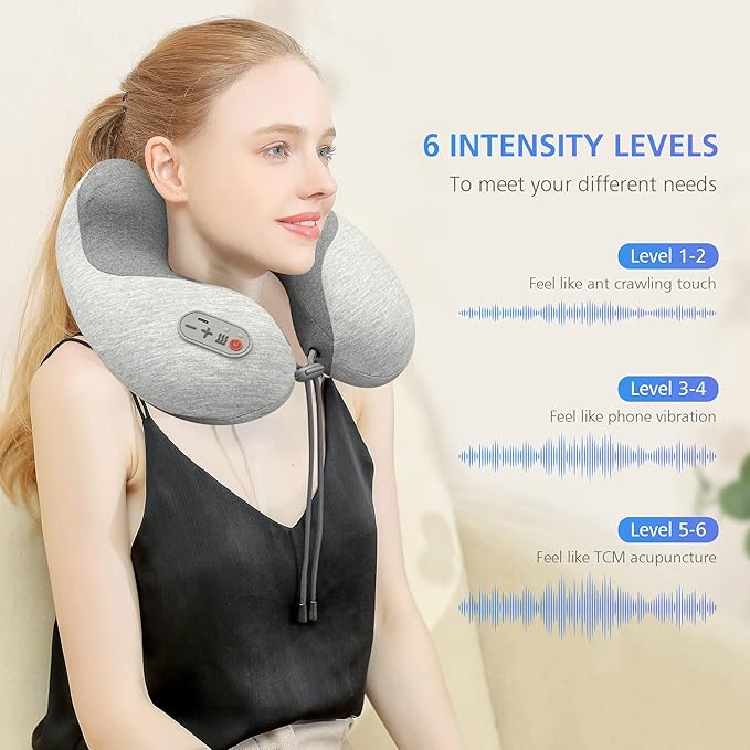 COMFIER Cordless Travel Pillow with Vibration Massager,Travel Neck Massage Pillow with Heat for Neck, Lightweight Memory Foam Neck Pillow,Head Support Soft Pillow for Airplane,Office