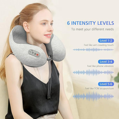 COMFIER Cordless Travel Pillow with Vibration Massager,Travel Neck Massage Pillow with Heat for Neck, Lightweight Memory Foam Neck Pillow,Head Support Soft Pillow for Airplane,Office