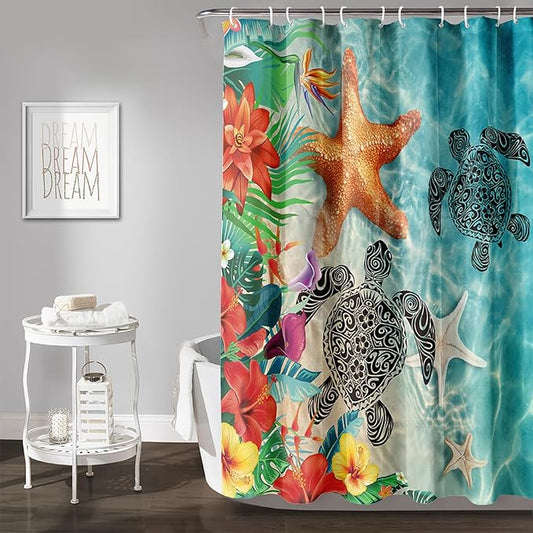 AILONEN Sea Turtle Shower Curtain,Sea Turtle with Starfish Bath Curtain Cloth Fabric Bathroom 36" W*72" H Inch,12 Pack Hooks for Kids,Ocean Themed Bathroom Curtain