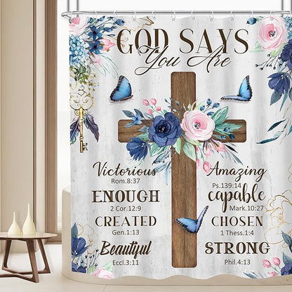 MESHELLY Christian Flower Shower Curtain 60Wx72H Rustic Farmhouse Cross Teal Bible Verse Scriptures Bathroom Curtain Inspiration Quote Bath Curtain Fabric Motivational Bathroom Decor with 12 Hooks