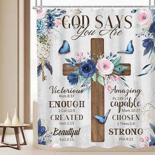 MESHELLY Christian Flower Shower Curtain 60Wx72H Rustic Farmhouse Cross Teal Bible Verse Scriptures Bathroom Curtain Inspiration Quote Bath Curtain Fabric Motivational Bathroom Decor with 12 Hooks