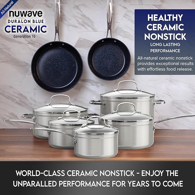 Nuwave Healthy Duralon Blue Ceramic Nonstick Cookware Set, Diamond Infused Scratch-Resistant, PFAS Free, Dishwasher & Oven Safe, Induction Ready & Evenly Heats, Tempered Glass Lids & Stay-Cool Handles