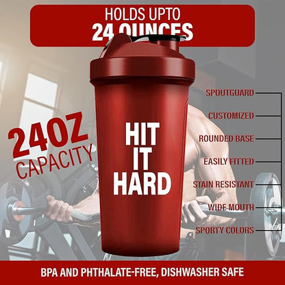 Shaker Bottles for Protein Shakes 24oz, Plastic Bottle for Pre and Post Workout, Protein Shaker Bottle with Wire Whisk Ball, Shaker Cup, Dishwasher Safe (HIT IT HARD, RED)