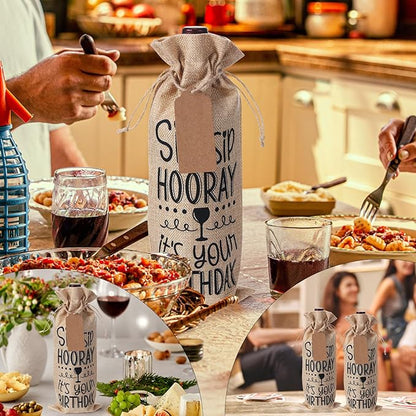 SIRIPHUM Burlap Wine Bags,2PCS Birthday Wine Bottle Gift Bags,Drawstring,Gift Tags,Bottle Cover Tabletop Birthday Party Decor (“Sip Sip Hooray”-Natural)