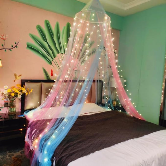 Eimilaly Two-Tone Bed Canopy Mosquito Net Pink Blue with Warm Lights, Bed Canopy for Girls Room Decor, Single Door
