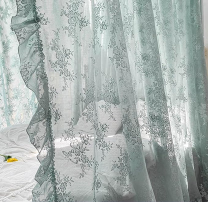 Mengersi Canopy Bed Curtains with Tie Backs,Bed Canopy Curtains Bed Drapes Sheer Lace Curtains for Bedroom Decor（King,Sage Green
