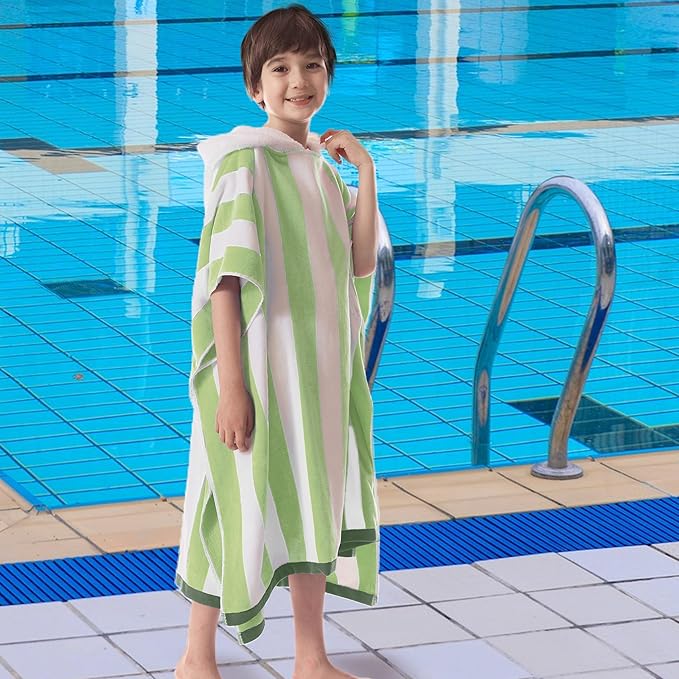 VOOVA & MOVAS Big Kids Hooded Towel Poncho | Large, Thick, Absorbent Cotton Towel Robe | 8-16Years | Versatile for Pool, Swim, and Bathroom | Sage and White Cabana Stripe
