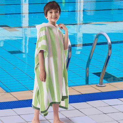 VOOVA & MOVAS Big Kids Hooded Towel Poncho | Large, Thick, Absorbent Cotton Towel Robe | 8-16Years | Versatile for Pool, Swim, and Bathroom | Sage and White Cabana Stripe