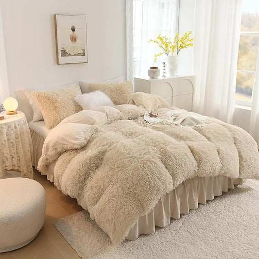 Litanika Beige Plush Comforter King Size, Luxury Fluffy Fuzzy Bedding Set for King Bed, Ultra Soft Velvet Shaggy Comforter 3 Pieces(1 Faux Fur Comforter 104×90 Inch, 2 Pillowcases)