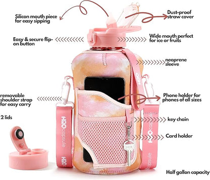 H2O Capsule 2.2L Half Gallon Water Bottle with Storage Sleeve and Removable Straw – BPA Free Large Reusable Drink Container with Handle - Big Sports Jug, 2.2 Liter (74 Ounce), Warm TieDye