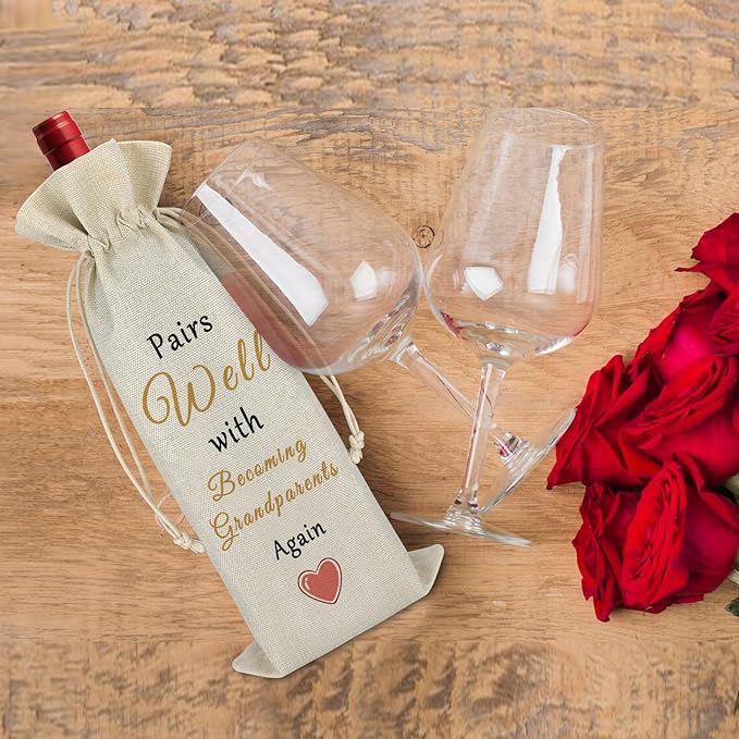 Pregnancy Announcement Gift for Being Grandparents Again Baby Reveal Gift New Baby Gift Baby Announcement Drawstring Wine Bag Gift for Family Baby Shower Party Decors Reusable Wine Wrap Bag