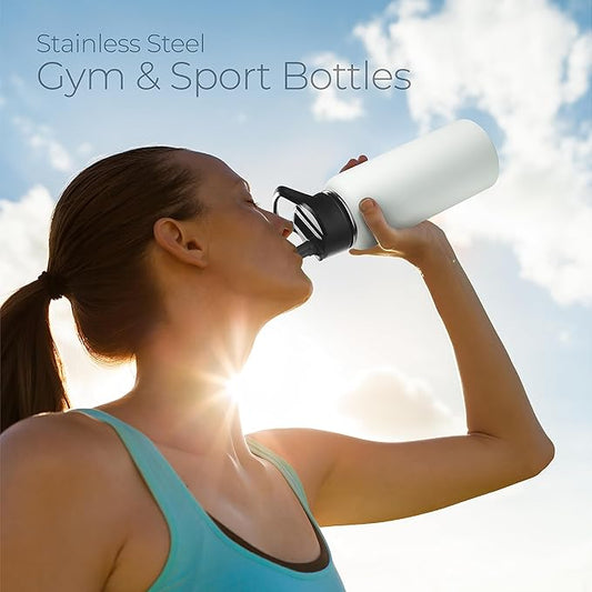 SipX™ Triple-Insulated Stainless Steel Water Bottle 32oz. With 3 Lids, BPA-Free Reusable Insulated Water Bottle Keeps Cold 24 Hours, Metal Water Bottle Made Of Sustainable Material For Hiking & Biking