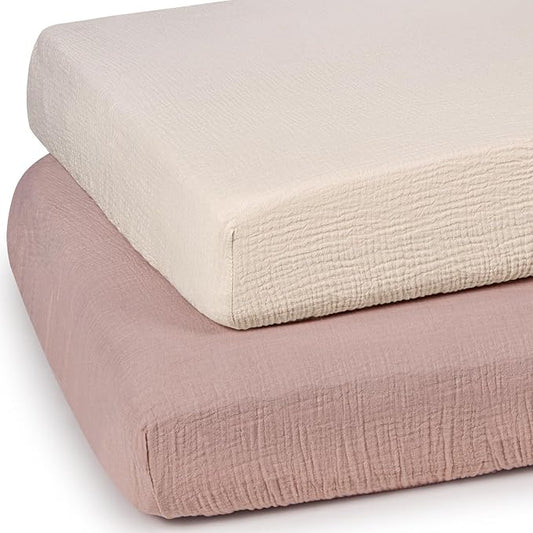 Mini Crib Sheets Muslin: Pack and Play Sheets for Boys and Girls - Cotton Fitted Crib Sheet for Pack N Play Mattress and Playard 2Pack 24"x38"