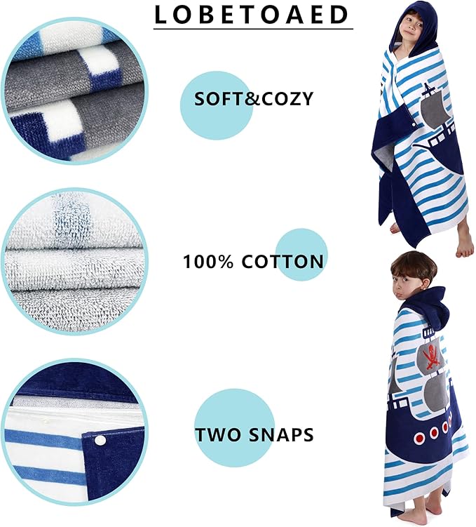Kids Hooded Beach Bath Towel, Baby Surf Poncho Toddlers Soft Real Cotton Wrap Hooded Towels for Kids Boy Girl