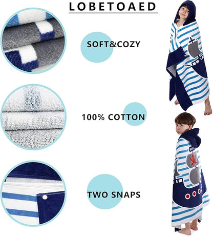 Kids Hooded Beach Bath Towel, Baby Surf Poncho Toddlers Soft Real Cotton Wrap Hooded Towels for Kids Boy Girl