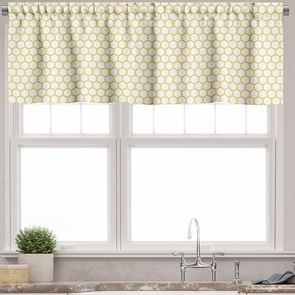 Ambesonne Yellow and White Valance & Tier Curtain 3 pcs Set, Hexagonal Pattern Honeycomb Beehive Simplistic Geometrical Monochrome, Window Treatments for Kitchen Room Decor, 55" x 36", White Yellow