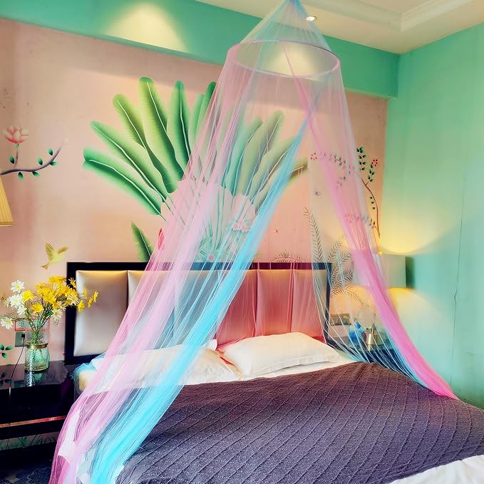 Eimilaly Two-Tone Bed Canopy Mosquito Net Pink Blue, Bed Canopy for Girls Room Decor - Insect Protection Hanging Canopy for Adults, Babies, Single Door
