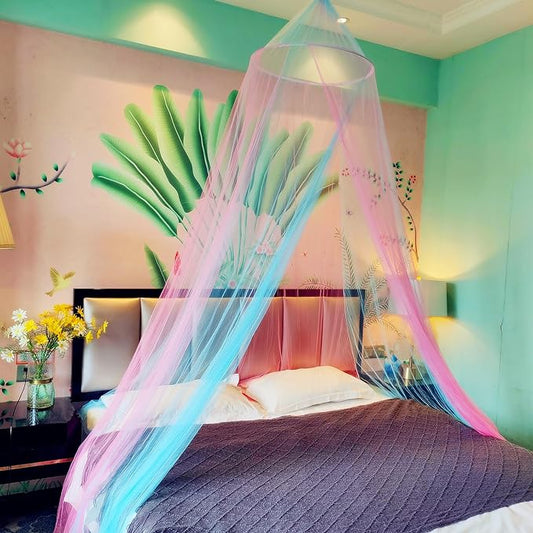 Eimilaly Two-Tone Bed Canopy Mosquito Net Pink Blue, Bed Canopy for Girls Room Decor - Insect Protection Hanging Canopy for Adults, Babies, Single Door
