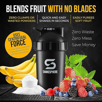 SHAKESPHERE Tumbler: Protein Shaker Bottle and Smoothie Cup, 24 oz - Bladeless Blender Cup Purees Raw Fruit with No Blending Ball - Drink Powder Mix Shake Mixer for Pre Workout, Gym (Matte Black)